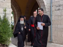 The Patriarchs and Heads of the Churches in Jerusalem arrive at a press conference, Oct 18, 2023. The Anglican bishop Hosam Naum is followed by Cardinal Pierbattista Pizzaballa, Latin patriarch of Jerusalem, and Theophilos III, Greek Orthodox patriarch of Jerusalem.
