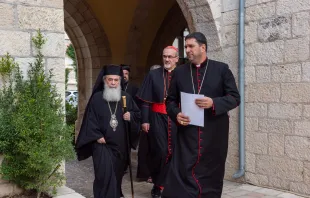 The Patriarchs and Heads of the Churches in Jerusalem arrive at a press conference, Oct 18, 2023. The Anglican bishop Hosam Naum is followed by Cardinal Pierbattista Pizzaballa, Latin patriarch of Jerusalem, and Theophilos III, Greek Orthodox patriarch of Jerusalem. Credit: Marinella Brandini