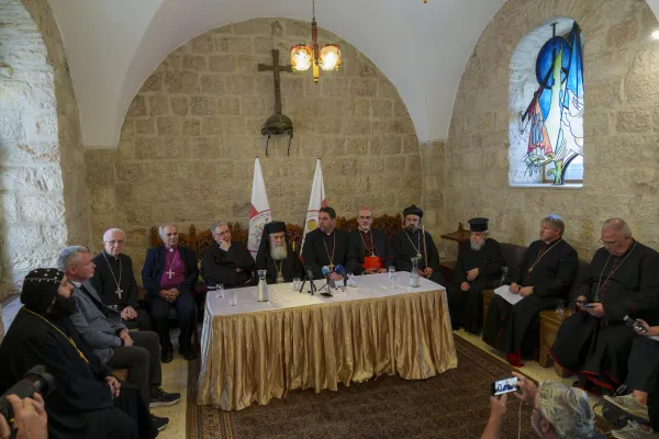 The Patriarchs and Heads of the Churches in Jerusalem during anOct. 18, 2023, press conference. Credit: Marinella Brandini