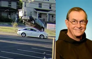 Father John Bok, OFM, escaped a major collision on Oct. 2, 2022, when an SUV went airborne and flew over his car. Screenshot YouTube/ Franciscan Friars of St. John the Baptist Province