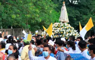 A brief procession of the Virgin of Fatima in the atrium of the Cathedral of Managua, Nicaragua, was held on Saturday, Aug. 13, 2022, to close a Marian congress. A larger procession was scheduled but prohibited by the regime of President Daniel Ortega. Photo credit: San Judas Tadeo Mga Parish