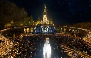 An evening procession at Lourdes in southwestern France. Sanctuary of Our Lady of Lourdes.