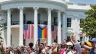 The Progress Pride flag is shown above (center flag) at a White House "Pride" celebration on June 10, 2023.