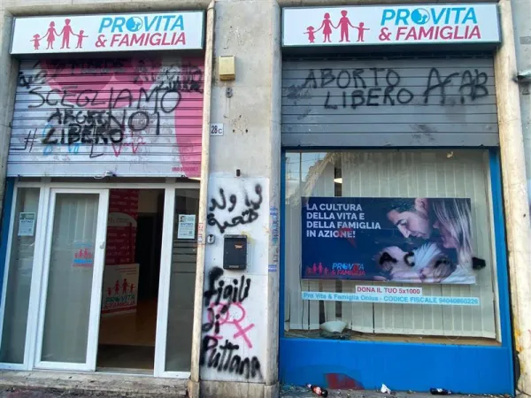 Demonstrators spray-painted pro-abotion graffiti on the Pro Vita & Famiglia association’s main office in Rome on Nov. 25, 2023. Credit: Courtesy of Pro Vita & Famiglia