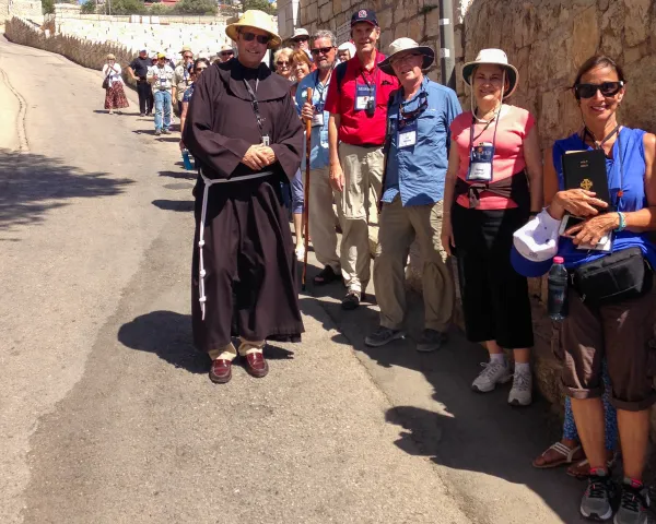 Father Peter Vasko, a Franciscan of the Custody of the Holy Land, with a group of American pilgrims. Credit: Photo courtesy of Father Peter Vasko, OFM