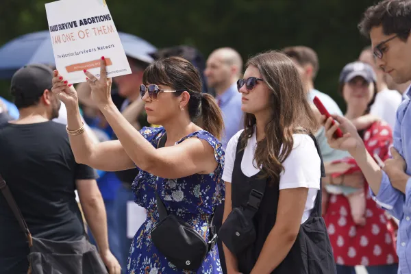 Melissa Ohden, who survived a saline-infusion abortion at 31 weeks' gestation, stands alongside her oldest daughter Olivia, 15, at a pro-life rally at the Lincoln Memorial in Washington, D.C., on June 24, 2023. Joseph Portolano/CNA