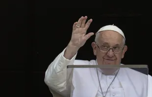 Pope Francis waves to pilgrims gathered in St. Peter's Square for the recitation of the Regina Caeli on May 7, 2023. Vatican Media