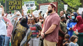 Parental and religious freedom rights advocates, including a group of Muslim parents, on June 6, 2023, protest a Maryland school system policy that removes parents’ authority to opt their children out of homosexual and transgender coursework.