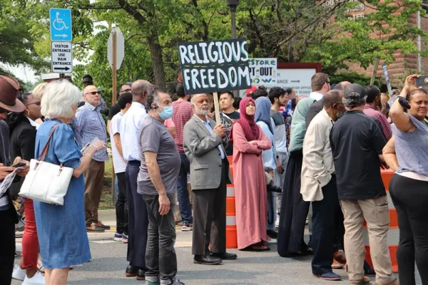 Parental and religious freedom rights advocates, including a group of Muslim parents, on June 6, 2023, protest a Maryland school system policy that removes parents’ authority to opt their children out of homosexual and transgender coursework. Credit: The Religious Freedom Institute
