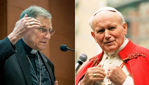 Archbishop Zbigņevs Stankevičs of Riga, Latvia (left), speaking during a Catholic conference in Warsaw in May 2022 on the natural law legacy of John Paul II (right.)?w=200&h=150