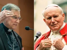 Archbishop Zbigņevs Stankevičs of Riga, Latvia (left), speaking during a Catholic conference in Warsaw in May 2022 on the natural law legacy of John Paul II (right.)