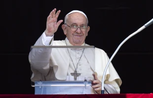 Pope Francis waves during his Sunday Angelus message and prayer on July 17, 2022 Vatican Media