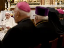 Pope Francis meets with clerics, religious, consecrated persons, seminarians, and catechists at the Cathedral Basilica of St. Dionysius the Areopagite in Athens, Dec. 4, 2021.