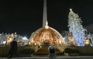 Pope Francis visits the Nativity scene in St. Peter's Square following vespers on New Year's Eve, Dec. 31, 2022. Credit: Vatican Media