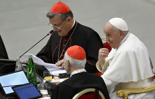 Cardinal Mario Grech and Pope Francis at the conclusion of the Synod on Synodality on Oct. 28, 2023. Credit: Vatican Media
