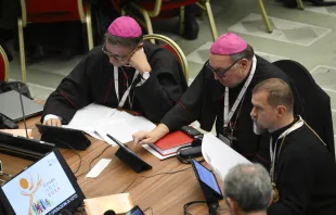 Delegates vote to approve a synthesis report at the conclusion of the Synod on Synodality on Oct. 28, 2023. Credit: Vatican Media
