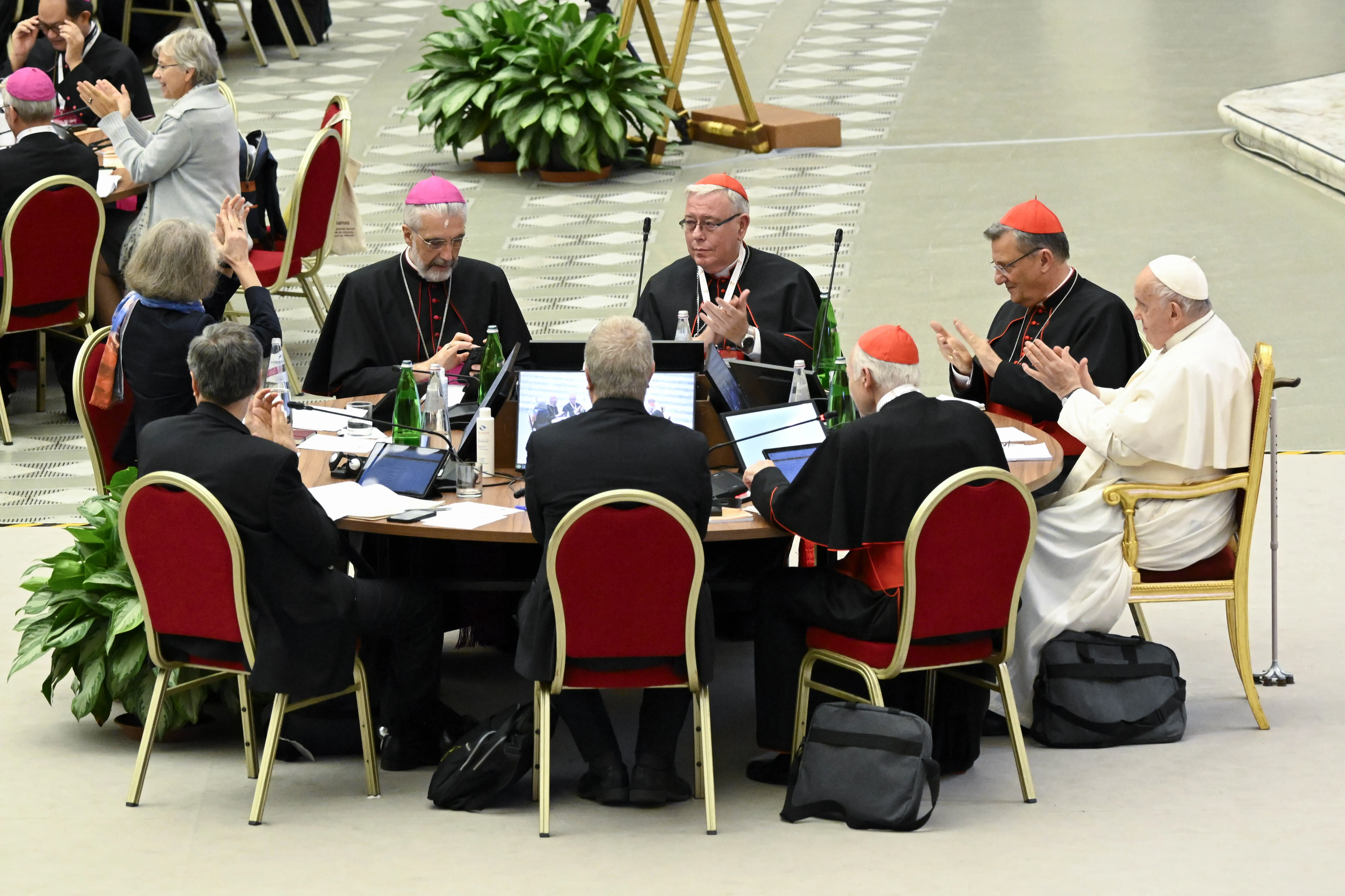 Pope Francis and delegates at the Synod on Synodality at the conclusion of the assembly on Oct. 28, 2023.?w=200&h=150