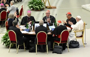 Pope Francis and delegates at the Synod on Synodality at the conclusion of the assembly on Oct. 28, 2023. Credit: Vatican Media