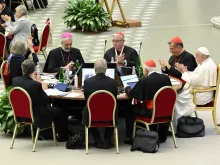 Pope Francis and delegates at the Synod on Synodality at the conclusion of the assembly on Oct. 28, 2023.