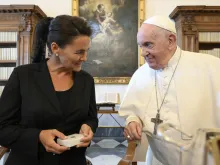 Pope Francis meets with Hungary President Katalin Novák at the Vatican on Aug. 25, 2023.