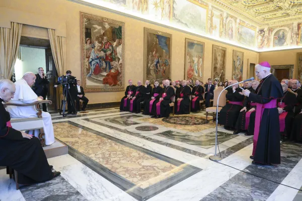 Pope Francis meets with members of the Commission of the Bishops’ Conferences of the European Union (COMECE) on March 23, 2023. The pope invited the bishops “to center all our efforts around the theme of the unity of Europe and the search for peace.”. Credit: Vatican Media