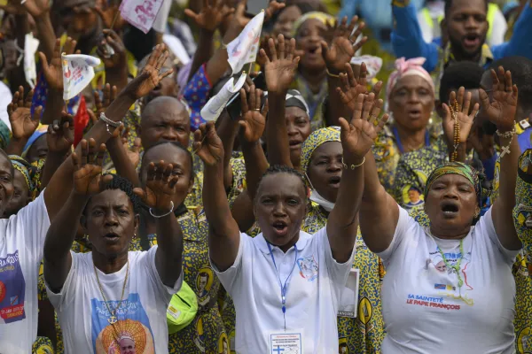 Pope Francis interacted with an energetic crowd of 65,000 young adults and catechists at Martyrs' Stadium in Kinshasa, Democratic Republic of Congo, on Feb. 2, 2023. Vatican Media
