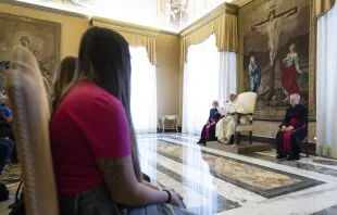 Pope Francis meets with a group of women who escaped criminal organizations in Italy on Oct. 30, 2023, at the Vatican. Credit: Vatican Media