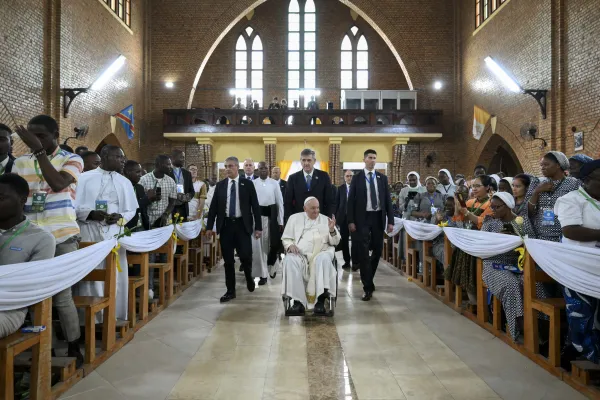Pope Francis arrives at Our Lady of Congo Cathedral in Kinshasa, Democratic Republic of Congo, on Feb. 2, 2023. Vatican Media