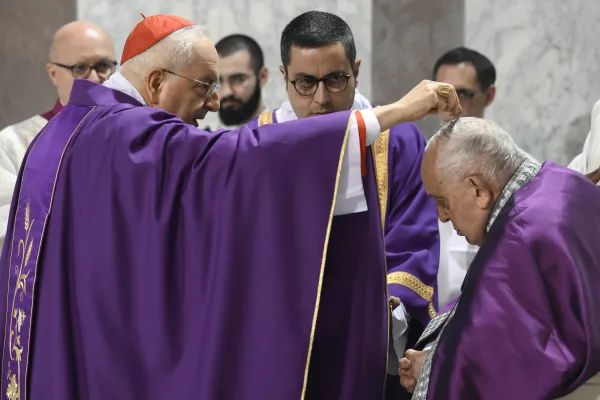 Pope Francis receives ashes during the Ash Wednesday Mass at the Basilica of Santa Sabina in Rome on Feb. 14, 2024. Credit: Vatican Media
