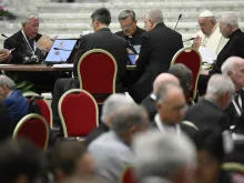 Pope Francis leads the prayer at the general congregation of the Synod on Synodality at the Vatican on Oct. 6, 2023.