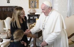 Pope Francis meets Italian Prime Minister Giorgia Meloni and her 6-year-old daughter on Jan. 10, 2023. Credit: Vatican Media
