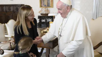 Pope Francis meets Italian Prime Minister Giorgia Meloni and her 6-year-old daughter on Jan. 10, 2023.