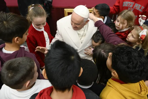 Pope Francis celebrates his birthday on Dec. 17, 2023, with children and families who are assisted by the Vatican’s Santa Marta Pediatric Dispensary. Credit: Vatican Media