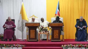 Pope Francis addresses South Sudan’s government and members of the diplomatic corps Feb. 3, 2023.