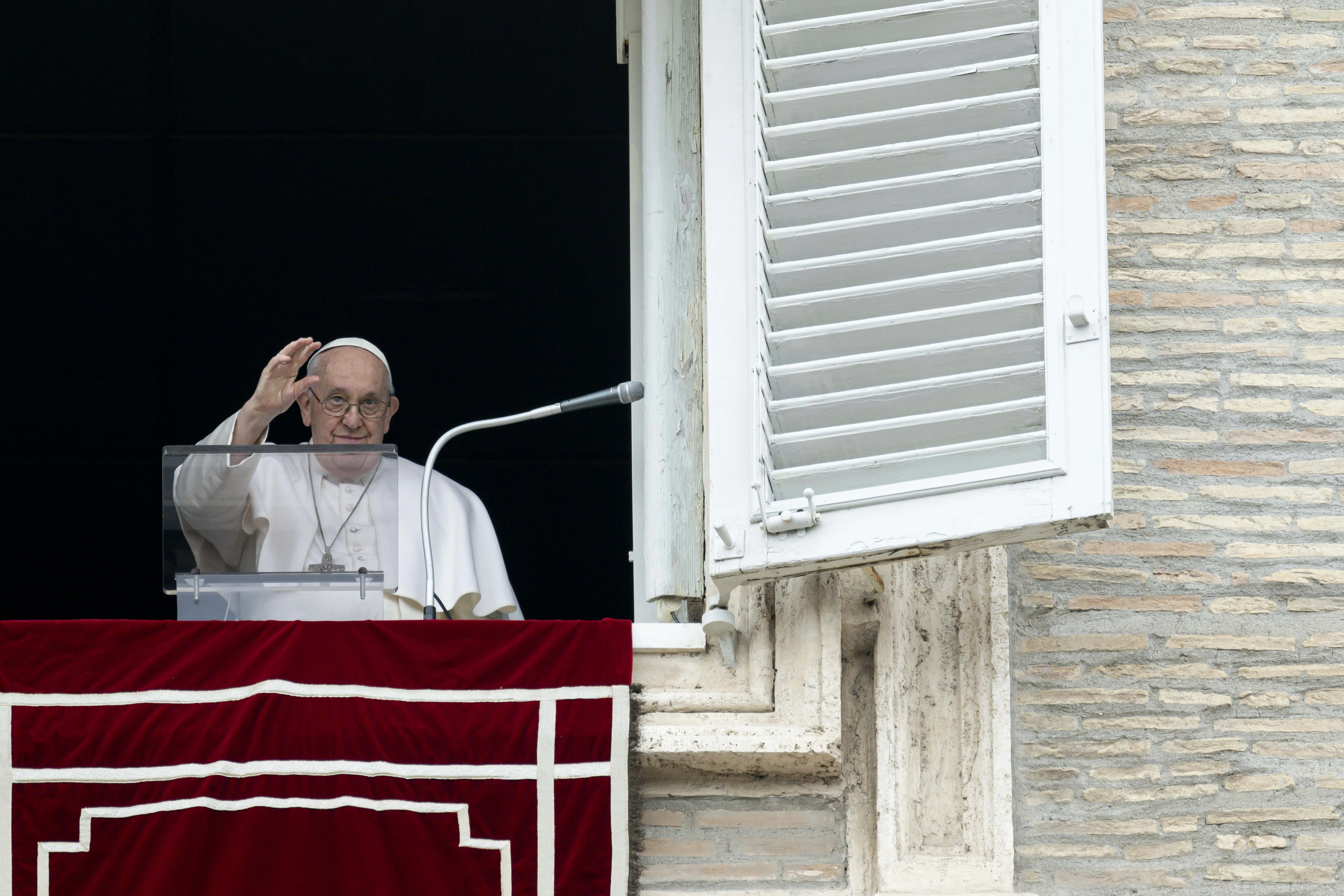 Pope Francis greets the crowd at his Angelus address on Feb. 19, 2023.?w=200&h=150