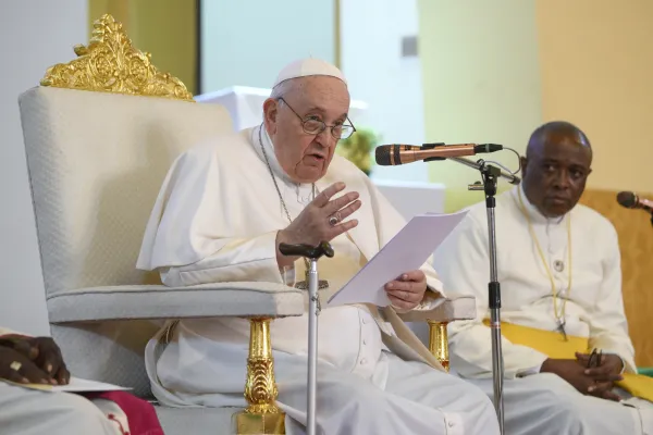 Pope Francis met with bishops, priests, and religious in St. Theresa Cathedral in Juba, South Sudan, on Feb. 4, 2023. Vatican Media