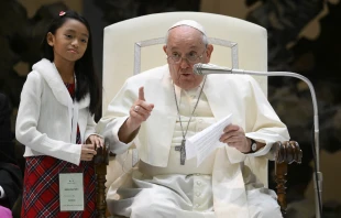 Pope Francis addresses approximately 7,000 children from around the world in the Vatican’s Paul VI Hall on Nov. 6, 2023, at an event sponsored by the Dicastery for Culture and Education dedicated to the theme “Let us learn from boys and girls.” Credit: Vatican Media