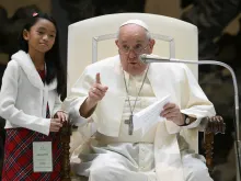 Pope Francis addresses approximately 7,000 children from around the world in the Vatican’s Paul VI Hall on Nov. 6, 2023, at an event sponsored by the Dicastery for Culture and Education dedicated to the theme “Let us learn from boys and girls.”