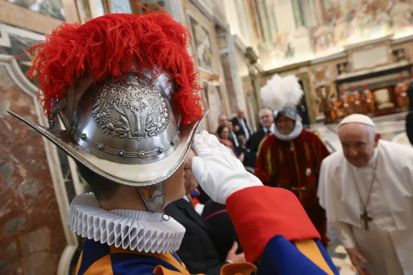 Pope Francis met members of the Swiss Guard and their families in the Apostolic Palace before the swearing-in of the new recruits on May 6, 2023. Vatican Media
