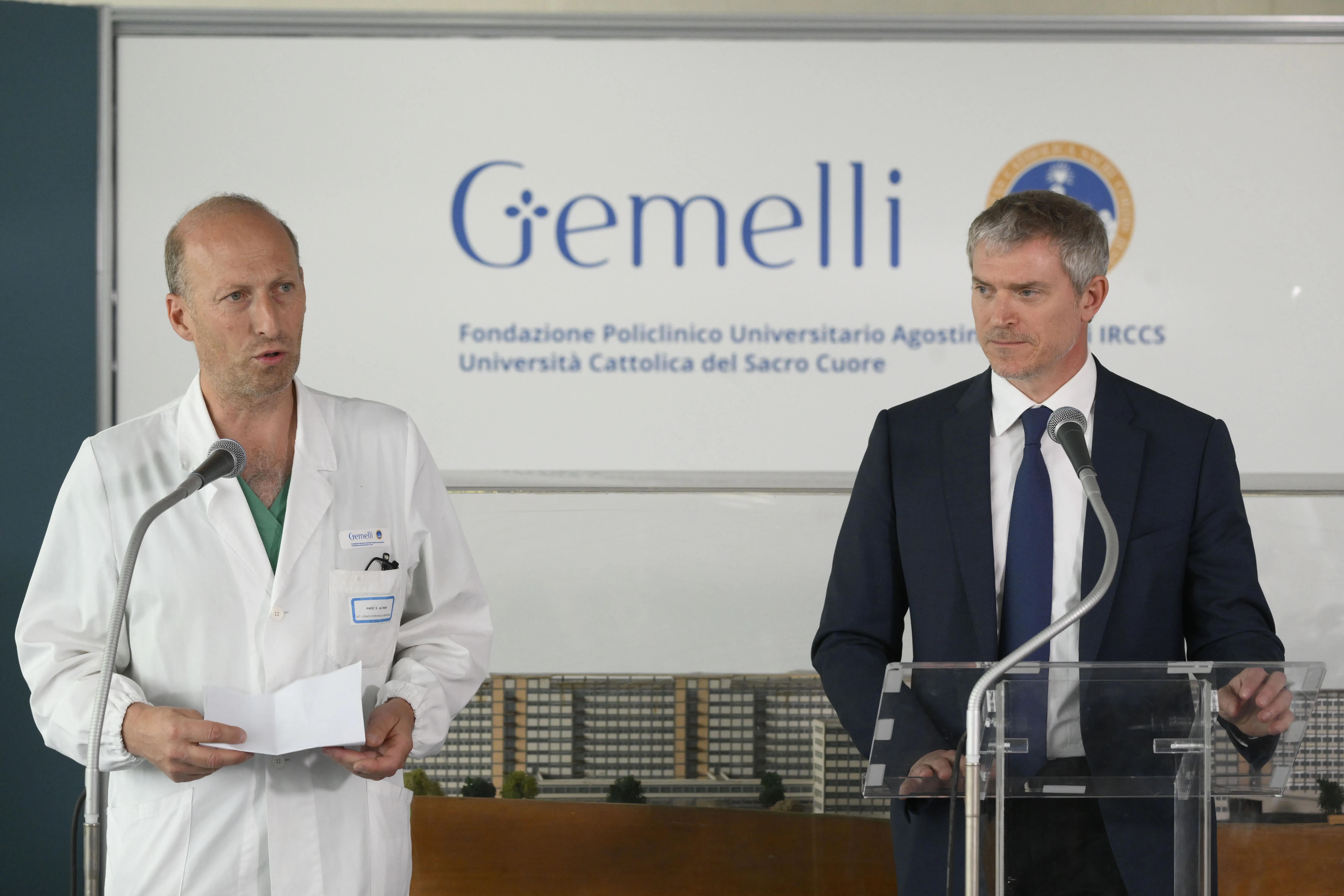 Dr. Sergio Alfieri (left), Pope Francis' surgeon, and Vatican spokesman Matteo Bruno hold a press conference Saturday, June 10, 2023, at Gemelli Hospital in Rome.?w=200&h=150