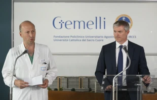 Dr. Sergio Alfieri (left), Pope Francis' surgeon, and Vatican spokesman Matteo Bruno hold a press conference Saturday, June 10, 2023, at Gemelli Hospital in Rome. Credit: Vatican Media