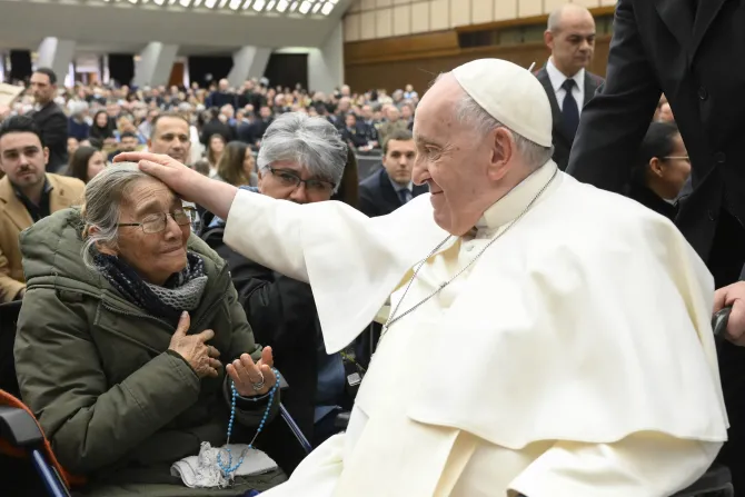 Pope Francis greets pilgrims at his general audience in Paul VI Hall on Feb. 15, 2023.