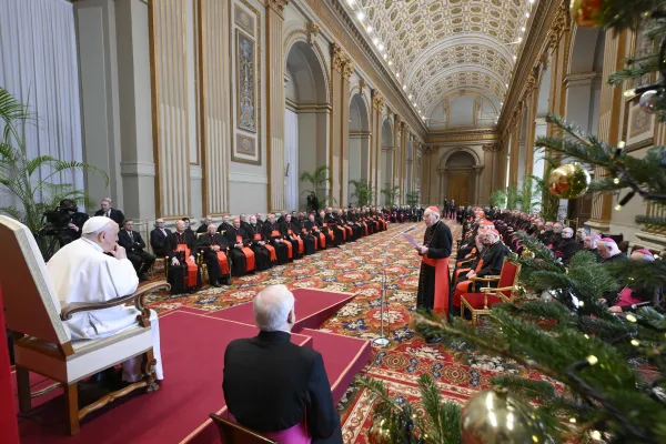Pope Francis meets with the cardinals who work in Vatican offices on Dec. 21, 2023, in the gilded Hall of Benediction at the Vatican. Credit: Vatican Media