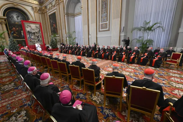 Pope Francis gives his annual Christmas address to the cardinals who work in Vatican offices on Dec. 21, 2023, in the gilded Hall of Benediction at the Vatican. Credit: Vatican Media