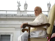 Pope Francis presides over his weekly general audience in St. Peter's Square at the Vatican on Oct. 18, 2023.