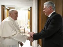 Pope Francis meets Cuban President Miguel Díaz-Canel on Tuesday, June 20, 2023, at the Vatican.