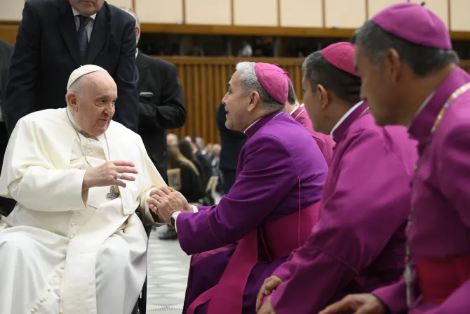 Pope Francis greets clerics at his general audience in Paul VI Hall on Jan. 18, 2023.