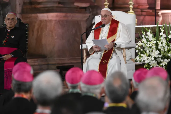 Pope Francis gives the homily at vespers at the Jerónimos Monastery