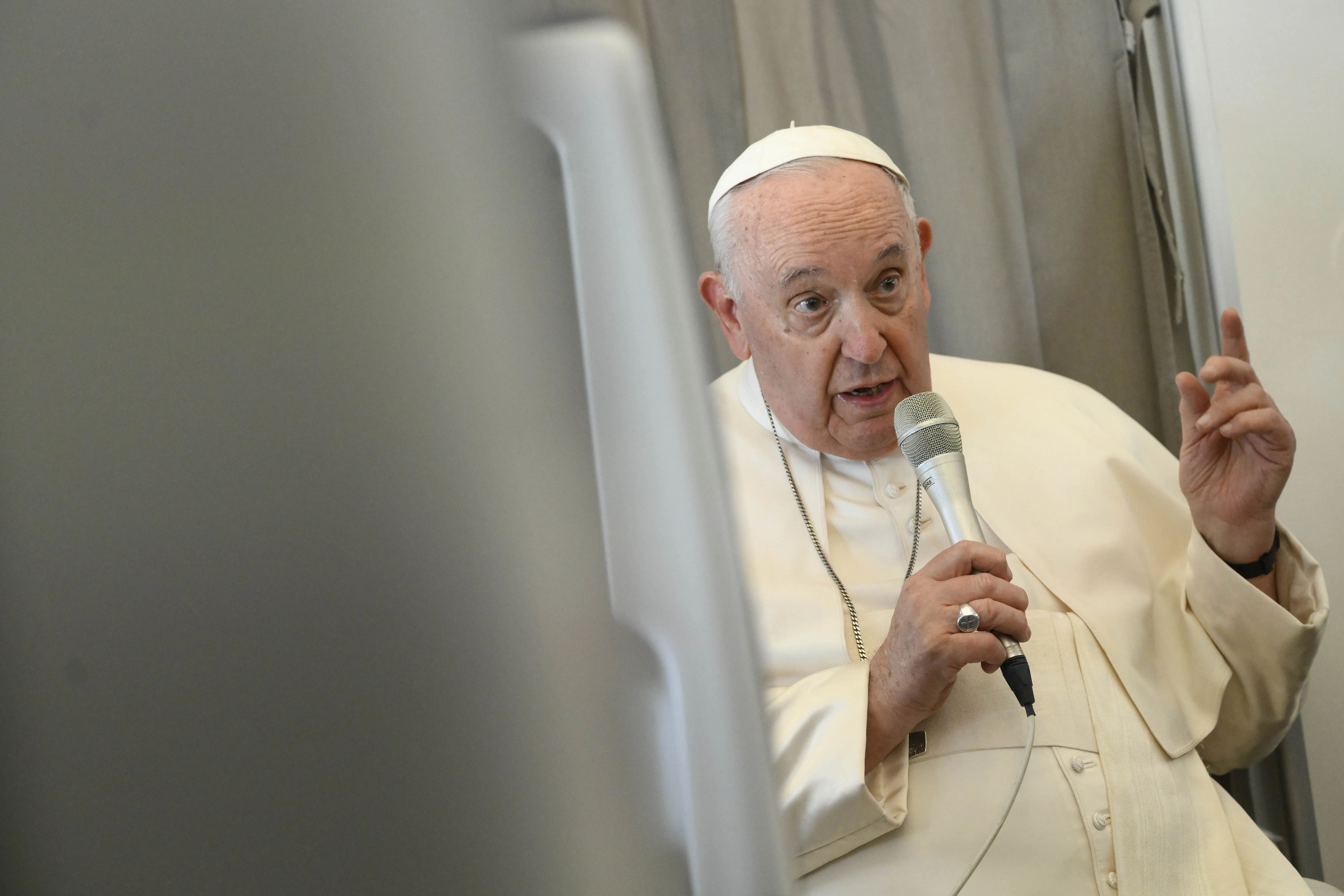 Pope Francis speaks to the media on Feb. 5, 2023, during his return flight to Rome from his visit to the Democratic Republic of Congo and South Sudan.?w=200&h=150