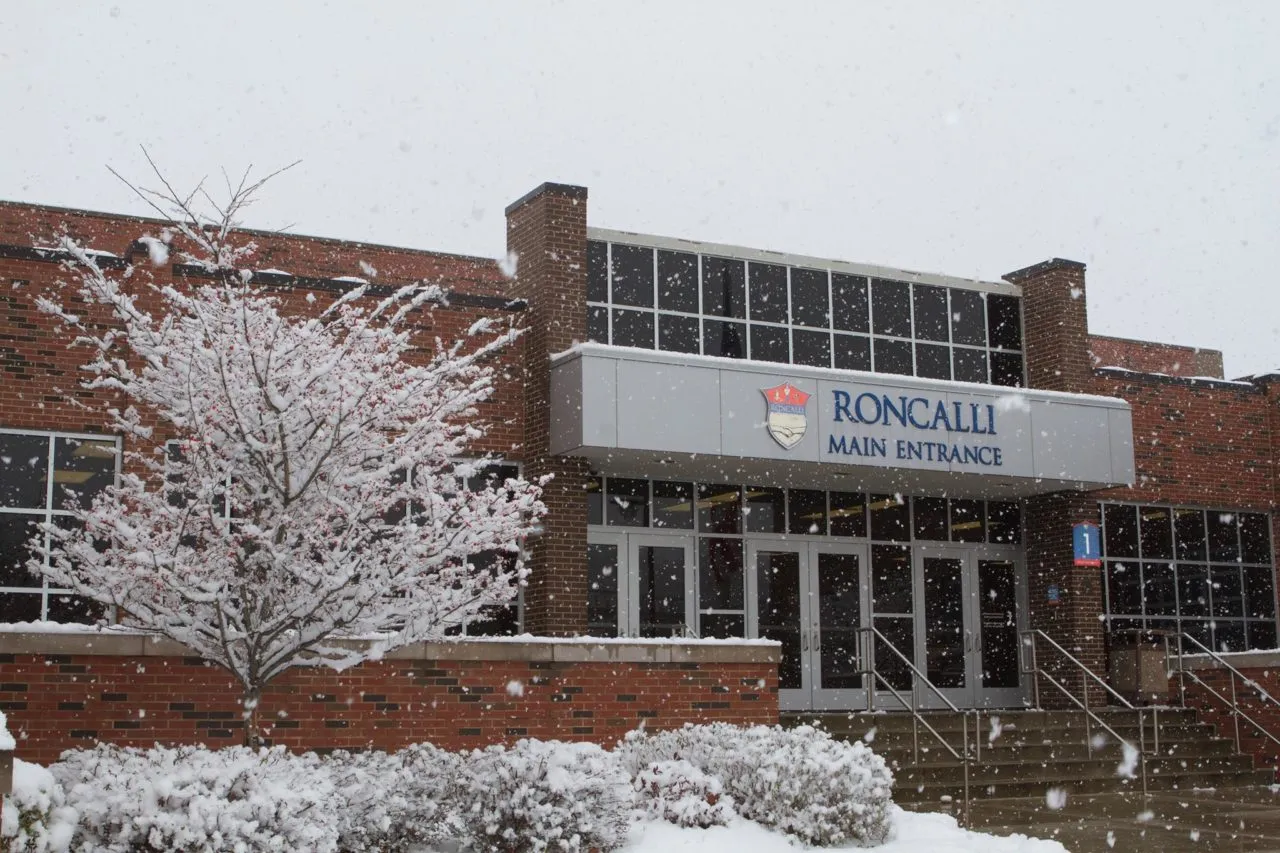 Photo of the main entrance of Roncalli High School in Indiana.?w=200&h=150